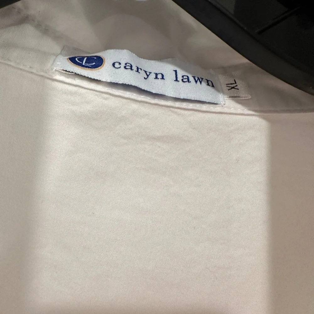 Caryn Lawn XL white popover blouse with blue start on collar preppy - Picture 3 of 3